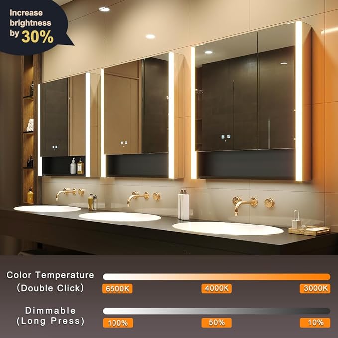 KWW LED Lighted Bathroom Medicine Cabinet with Sockets & USBs, Defogger, Dimmable, 3 Color Light Makeup Mirror, Easy to Install, Wall Mounted Cabinet (31 * 34)