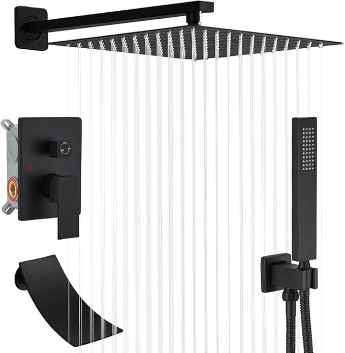 10 Inch Matte Black Shower System with Tub Spout, Bathtub Shower Faucet Set with Square Rainfall Head and Handheld Sprayer Wall Mount Tub Faucet Set with Valve and Trim Kit
