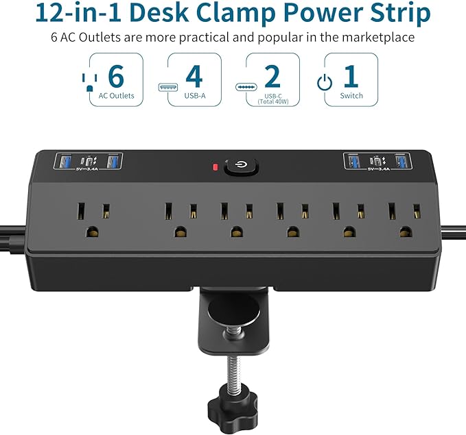 Desk Clamp Power Strip 2 USB C Desktop Mount Outlet Charging Station, 10FT Extension Cord Flat Plug with 6 AC, Removable 40W Fast Charging Surge Protector Power Strip Fits 1.8" Office Tabletop Edge