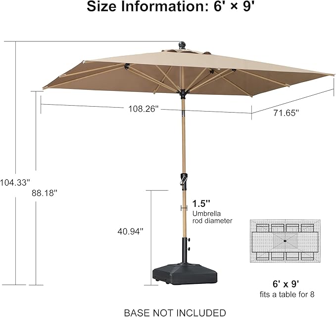 PURPLE LEAF 6' x 9' Market Umbrella Outdoor Table Umbrella Aluminum Patio Umbrella with Push Button Tilt & 8 Sturdy Ribs and Crank Rectangular Sun Umbrella for Pool Backyard Beach, Taupe