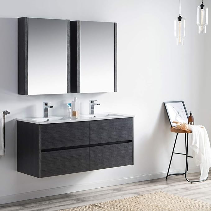 Blossom Valencia Bathroom Vanity with Double Ceramic Sinks and Mirror Medicine Cabinet | All Wood Floating Vanity Cabinet | 2x2 Soft-Closing U-Shaped Cutout Drawers | 48 Inch, Silver Grey