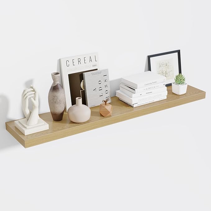 Fun Memories 55 Inch Fireplace Mentel Shelf, 10 Inch Deep Shelves for Display & Wall Storage, Rustic Wood Wall Shelf, Extra Long Floating Shelves for Living Room Laundry Room, Oak, Set of 1