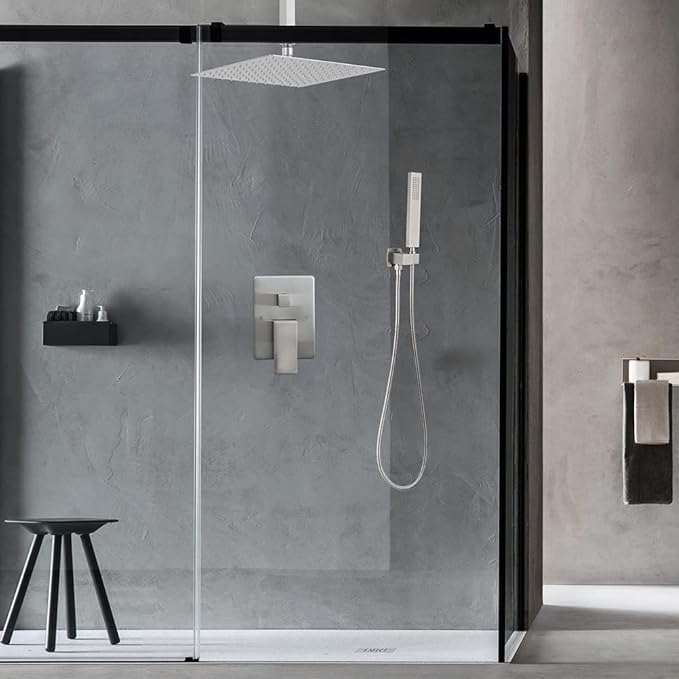 12 Inch Ceiling Mount Brushed Nickel Shower System Bathroom Luxury Rain Mixer Shower Combo Set Ceiling Rainfall Shower Head System (Contain Shower Faucet Rough-in Valve Body and Trim)