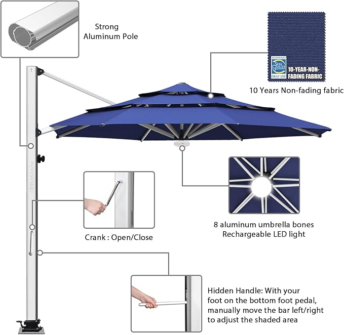EliteShade USA APOLLO 3-Tier 11FT Full Aluminum Cantilever Patio Umbrella for Outdoor restaurant Garden Courtyard Deck Pool and Marketing with Light (No battery),Navy Blue