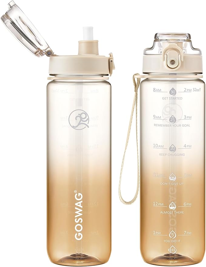 GOSWAG Water Bottles, 32 oz Motivational Sports Water Bottle with Straw and Time Marker to Remind You to Drink, Comes with Carry Strap, Leakproof