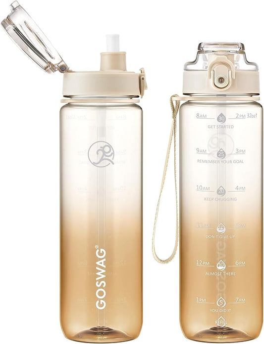 GOSWAG Water Bottles, 32 oz Motivational Sports Water Bottle with Straw and Time Marker to Remind You to Drink, Comes with Carry Strap, Leakproof