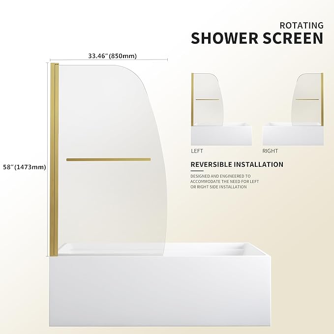 Frameless Hinged Bathtub Shower Glass Door - 34"x58", Clear 8mm Thick, Brushed Gold with Stainless Steel Handle