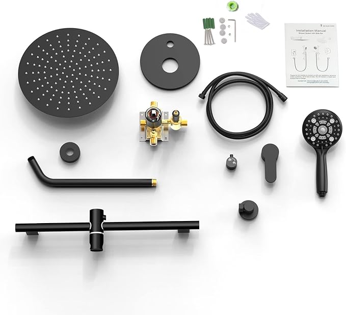 SR SUN RISE 12 Inch Slide Bar Shower System, Round Shower Faucets Sets Complete Rain Shower head and 6-Spray Handheld Combo, Wall Mounted Dual Shower Faucet Included Valve and Trim Kit, Matte Black