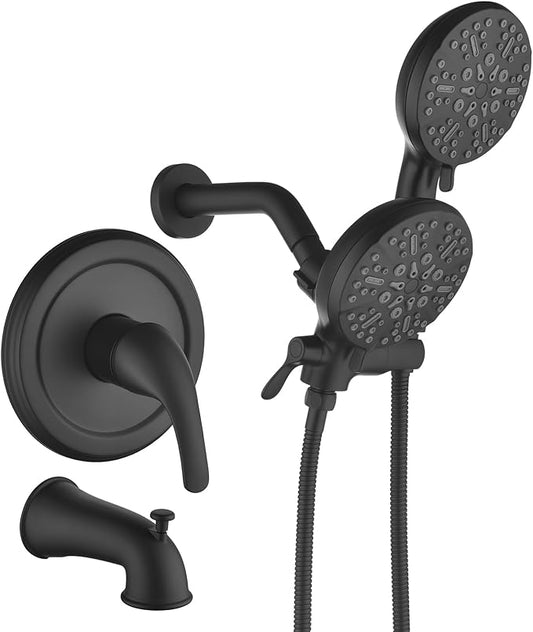 Taplong Tub Shower Faucet Set with Valve,Dual Shower Head and Handheld 2 in 1 Combo Set 3-Way Diverter Tub and Shower Faucet Combo High Pressure Shower Trim Kit,Matte Black,TP038