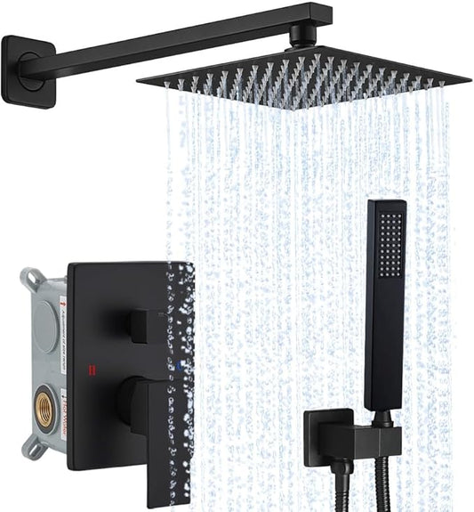Matte Black Shower System YCAIKOI Wall Mount Shower Faucet Set for Bathroom 10 Inch High Pressure Luxury Shower Head with Handheld, Rough-in Valve Body and Trim Included