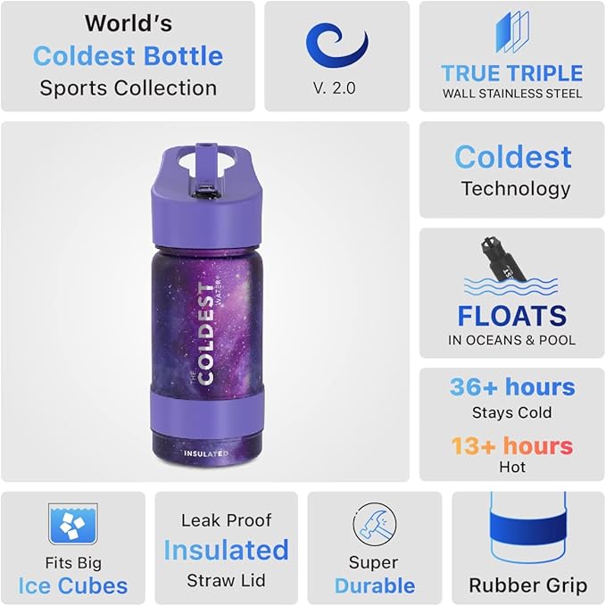 Coldest Sports Water Bottle - Straw Lid Bottle with Handle Leak Proof, Vacuum Insulated Stainless Steel, Double Walled, Thermo Mug, Metal | Astro Purple 14 oz