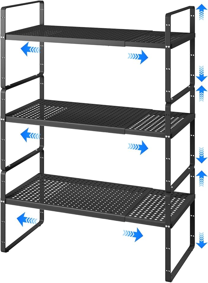 Expandable Cabinet Shelf Organizers, Kitchen Small Stand Rack Organization for Countertop Cupborad Pantry, Black 3 Pack
