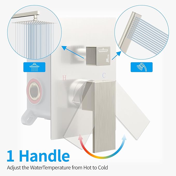 EMBATHER Shower System 12" Shower Faucet Set for Bathroom Luxury Rain Mixer Combo Set Wall Mounted Rainfall Square Shower Head, Easy Installation, Contain Rough-in Valve & Trim, Brushed Nickel