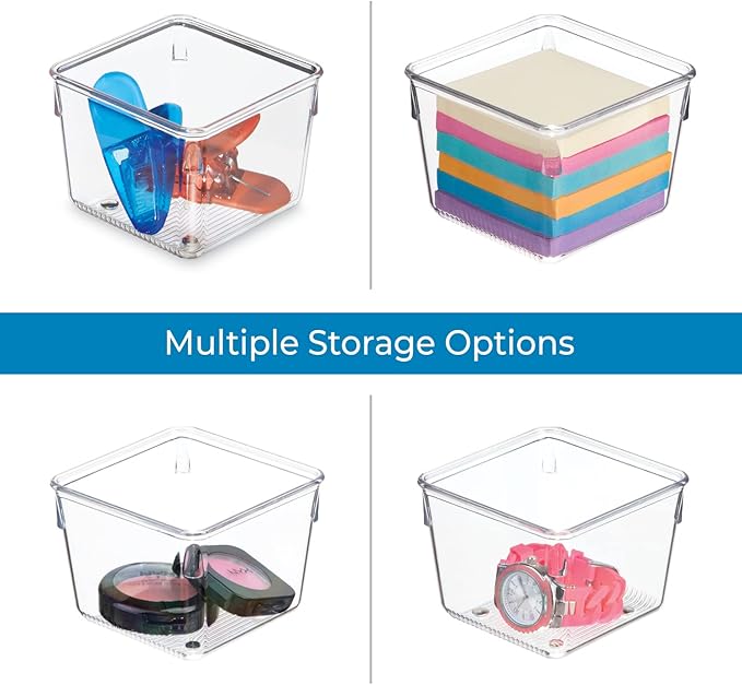 iDesign Linus Plastic Drawer Organizer, Storage Container for Vanity, Bathroom, Kitchen Drawers, 3" x 3" x 2", Set of 2, Clear