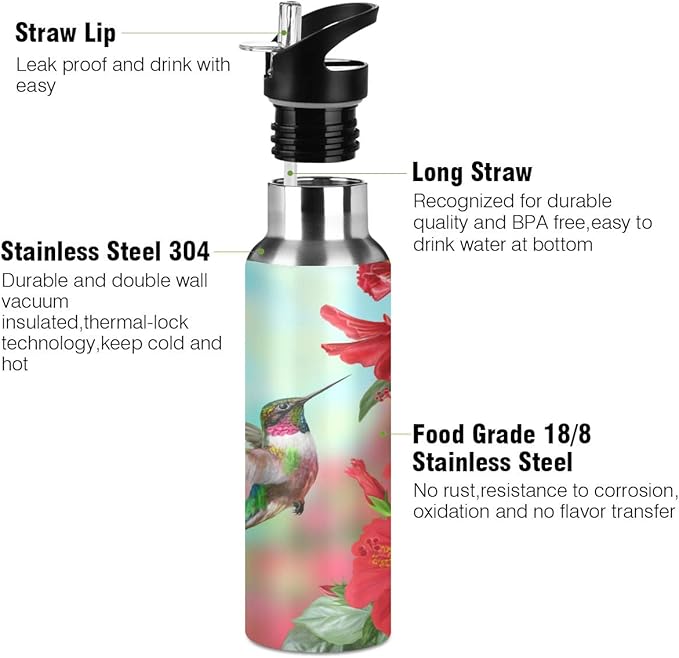 Red Hibiscus Flower Hummingbird Sports Water Bottle, 22 Oz BPA Free Non-Toxic Stainless Steel Water Bottle with Straw for Gym Yoga Fitness Camping