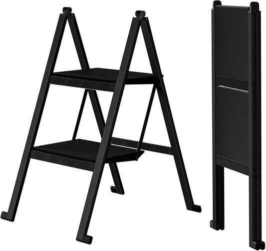 2 Step Ladder,Aluminum Ultra Thin Folding Step Stool,400 Lbs Capacity Heavy Duty with Anti-Slip Sturdy and Wide Tread,Closet Slim Step for Home,Kitchen and Office,Space Saving (Black, 2-Step)