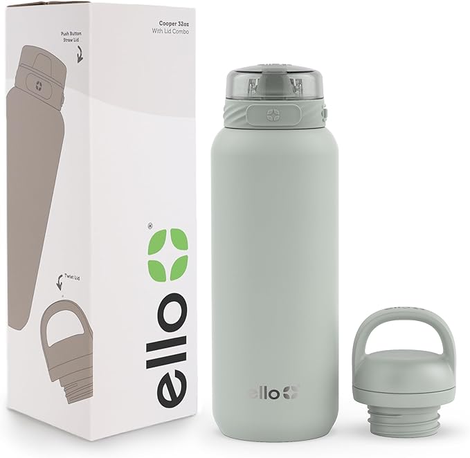 Ello Cooper 32oz Stainless Steel Water Bottle with 2 Lids Chug and Straw | Leak Proof | Double Walled and Vacuum Insulated | Built in Carry Loop | Dishwasher Safe | Sage