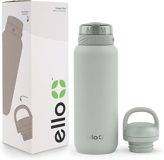 Ello Cooper 32oz Stainless Steel Water Bottle with 2 Lids Chug and Straw | Leak Proof | Double Walled and Vacuum Insulated | Built in Carry Loop | Dishwasher Safe | Sage