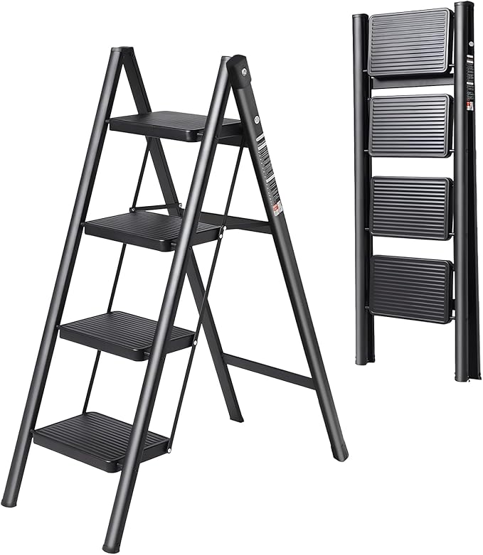 4 Step Ladder with Anti-Slip and Wide Pedal 220 lbs Capacity Folding Step Ladder for Household Kitchen Office(P-Black, 4 Step Ladder)