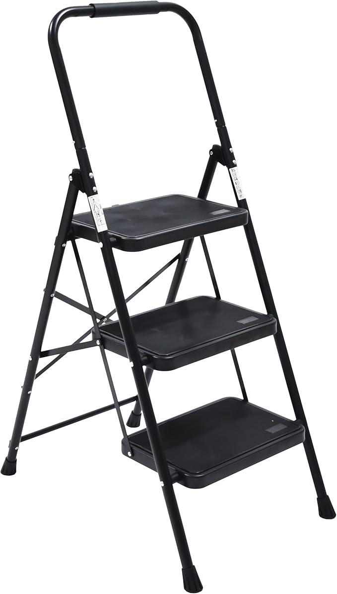 Wiberwi 3 Step Ladder Folding Step Stool for Adults with Top Handrail 330 Lbs Capacity, Lightweight & Portable Step 3 Stool Ladders with Wide Pedal for Home Kitchen Sturdy Steel Frame Black
