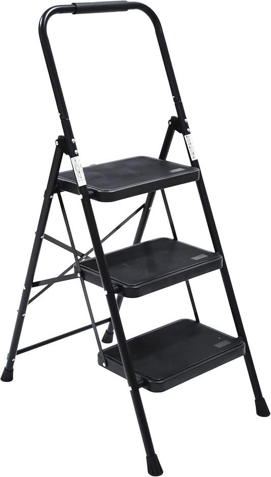 Wiberwi 3 Step Ladder Folding Step Stool for Adults with Top Handrail 330 Lbs Capacity, Lightweight & Portable Step 3 Stool Ladders with Wide Pedal for Home Kitchen Sturdy Steel Frame Black