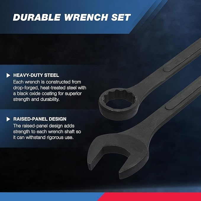 Neiko 03129A Jumbo Combination Wrench Set, 10-Piece Open-End Wrench Set, SAE Sizes 1 5/16 Inches to 2 Inches for Large Vehicles, Black Oxide Finish