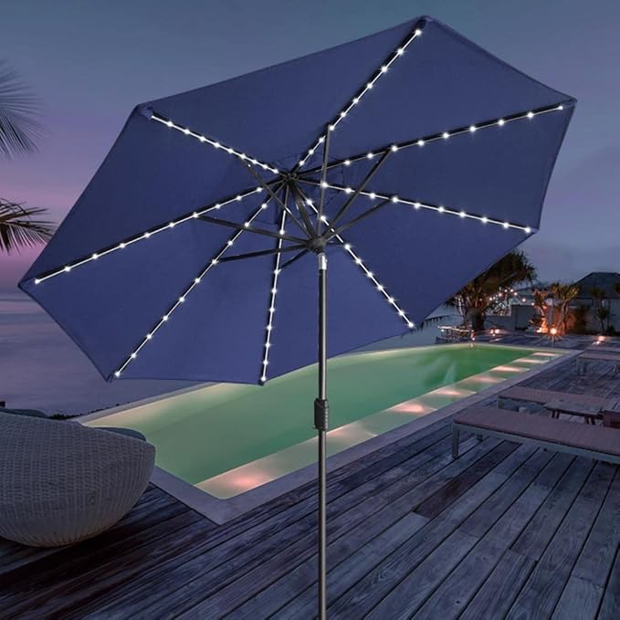 EliteShade USA 10-Year-Non-Fading Solar 9ft Market Umbrella with 80 LED Lights Patio Umbrellas Outdoor Table Umbrella with Ventilation, Navy Blue