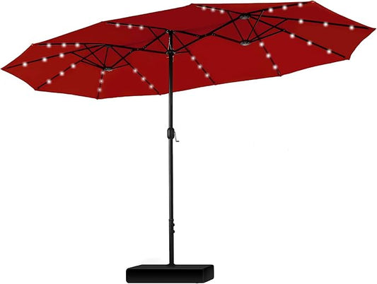 PHI VILLA 15ft Large Patio Umbrellas with 36 LED Solar Lights, Double-Sided Outdoor Market Rectangle Umbrellas, Base (Stand) Included, Dark Red