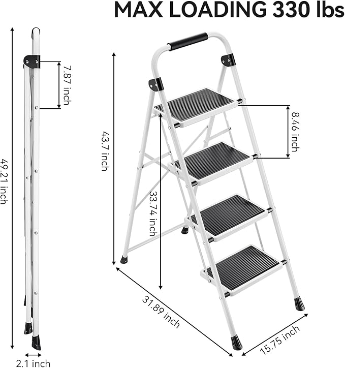 KINGRACK 4 Step Ladder, Folding Step Stool with Anti-Slip and Wide Pedal, Lightweight Stepladder with Handrails, Portable for Kitchen, Household, White