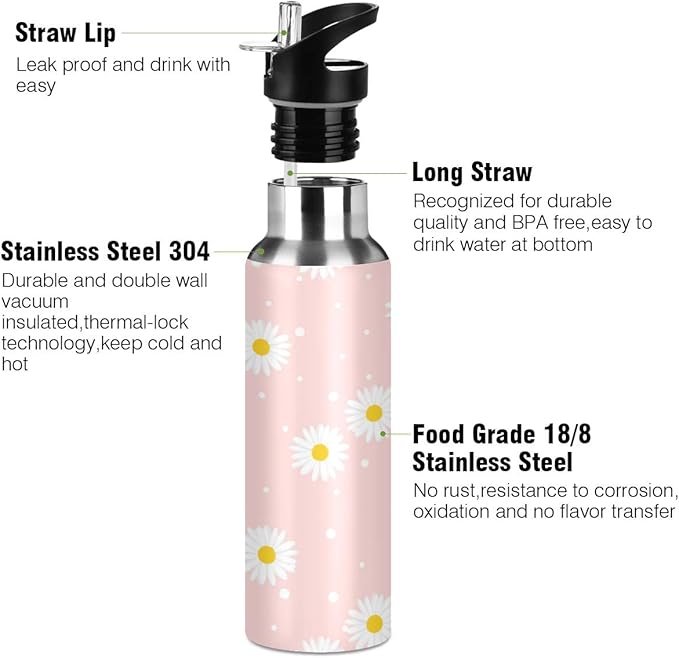 Blueangle 22oz Pink Daisy Water Bottle, BPA Free Non-Toxic Stainless Steel Water Bottle for Fitness, Gym and Outdoor Sports