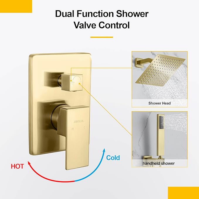 Rain Shower System with Handheld Shower, Bathroom Shower Faucet set 10 Inch Wall Mounted Bathroom Luxury Rainfall Mixer Shower Combo Set with Valve and Trim Kit, Brushed Gold