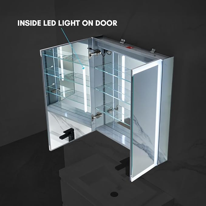 Blossom LED Lighted Mirror Medicine Cabinet, 30x32 Inch | Wall Mounted Recessed or Surface Bathroom LED Medicine Cabinet with Mirror, Makeup Mirror with Lights | Defogger, 3 Color Dimmer