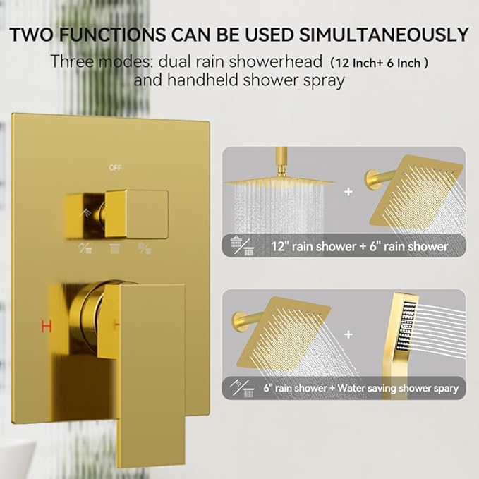 Brushed Gold Shower System, STARBATH 12+6" Multi Head Shower Set with Handheld Spray for Couples, Ceiling Mount Rainfall Shower Faucet Set with 3 Way Shower Valve with 5 Diverter and Trim Kit Complete
