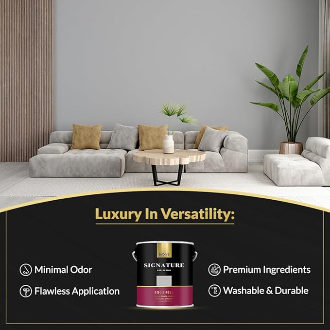 EVOLVE Signature Paint & Primer: Luxury Paint & Primer for Indoor & Outdoor Surfaces, Minimal Odor, Eggshell Sheen (Ash Gray, 1 Gallon)