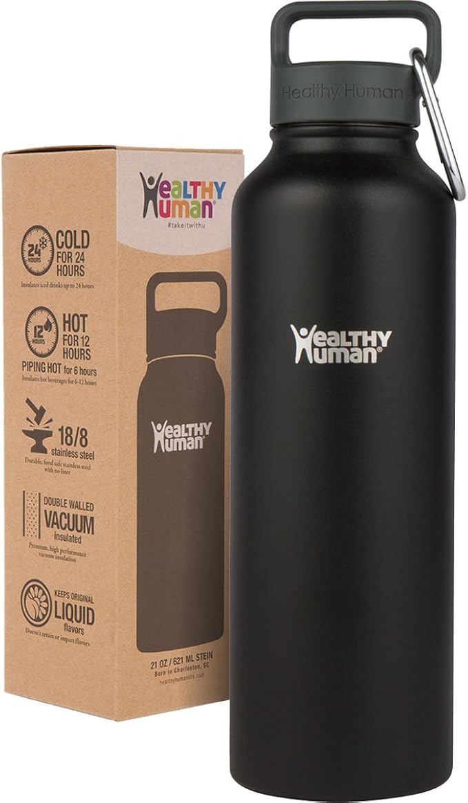 Healthy Human Stainless Steel Water Bottle | Double Walled Vacuum Insulated Water Thermos for Adults | Eco-Friendly Travel Bottles with Leak Proof Lid (Pure Black, 40 oz / 1183 ML)