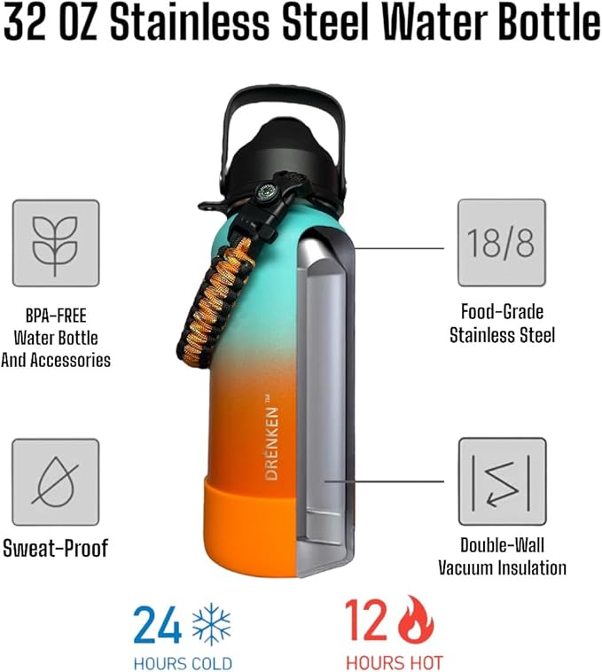 Water Bottle, Insulated water bottle, Stainless steel water bottle for kids men women Sports water bottle 32 oz Water bottle with straw Insulated Flask (Gradient Mint/Orange)