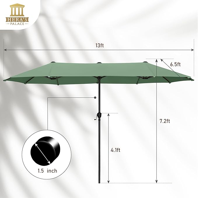 HERA'S PALACE 13 ft Double-Sided Twin Outdoor Market Patio Umbrella with Crank Large Table Umbrella for Deck Market Backyard Powerful UV Protective, Mint