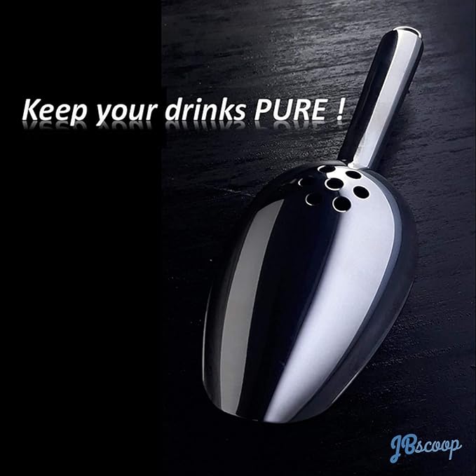 JBscoop Ice Scoop with Holes. Stainless Steel Ice Scoop with Drain Holes to Reduce Unwanted Dilution. Heavy Duty and Dishwasher Safe. Six Ounce Capacity.