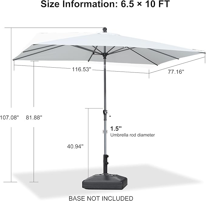 PURPLE LEAF 10' x 6.5' Rectangular Patio Umbrella Outdoor Table Umbrella Aluminum Frame Market Umbrella Sun Umbrella with 8 Sturdy Ribs Tilt for Garden Deck Lawn Pool White