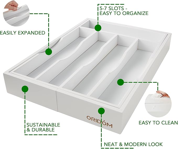 Expandable Bamboo Kitchen Drawer Organizer for Cutlery and Utensils, Adjustable Bamboo Wood Cutlery Tray in Drawer for Flatware and Silverware in Kitchen, (White)