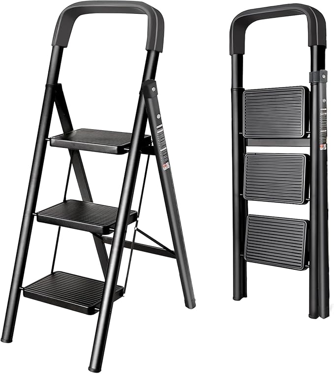 3 Step Ladder with Anti-Slip and Wide Pedal 220 lbs Capacity Folding Step Ladder for Household Kitchen Office(F-Black, 3-Step with Handrail)