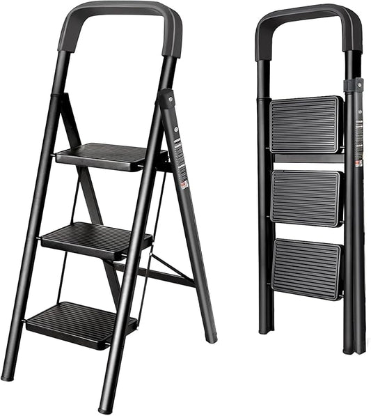3 Step Ladder with Anti-Slip and Wide Pedal 220 lbs Capacity Folding Step Ladder for Household Kitchen Office(F-Black, 3-Step with Handrail)