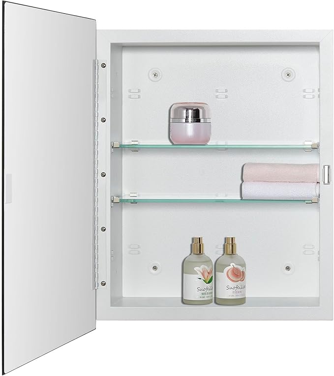 Bathroom Medicine Cabinet with Beveled Edge Mirrored Door 14 x 18 inch, Recessed or Surface Mount, with Adjustable Glass Shelves