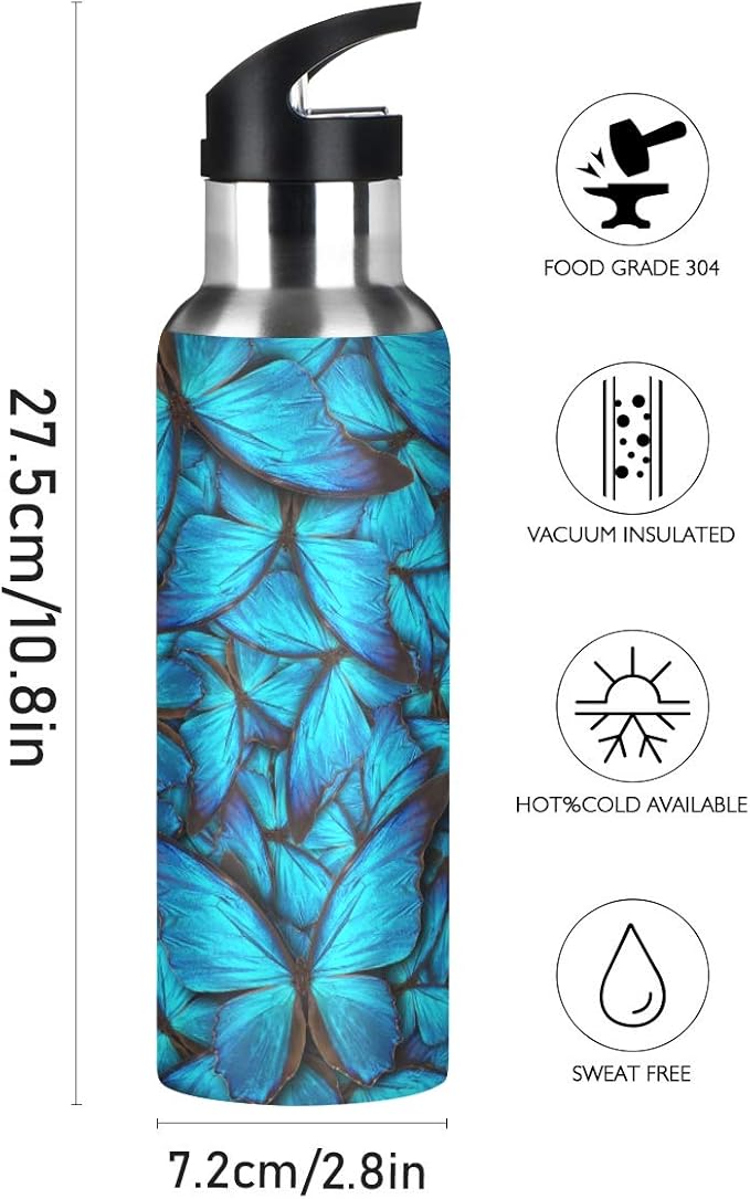 Blueangle Blue Butterfly Water Bottle with Straw Lid for Fitness Gym Camping Outdoor Sports, Wide Mouth Vacuum Insulated 18/8 Stainless Steel, 22 oz