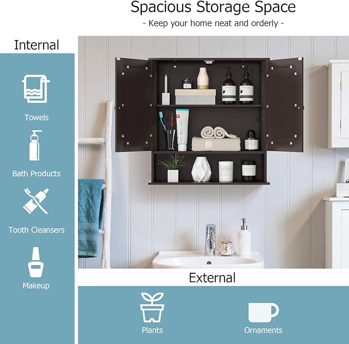 Tangkula Bathroom Medicine Cabinet with Mirror, Wall Mounted Wooden Hanging Organizer with Doors and Shelves, Bathroom Wall Mirror Cabinet (Mirror Doors, Brown)