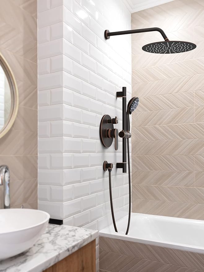 SR SUN RISE 12 Inch Oil Rubbed Bronze Shower System, Wall-Mount Adjustable 16-Inch Slide Bar with 6-Function Hand Shower Faucet Included Valve and Trim Kit