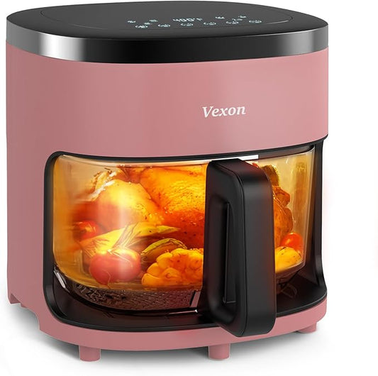 6-IN-1 Glass Air Fryer,4.5QT Air Fryer with Viewing Glass Pot, Air Fry, Dehydrate, Air Crisp Technology,Nonstick & Dishwasher Safe Basket,97% Less Oil,Features Digital Timer (Pink)