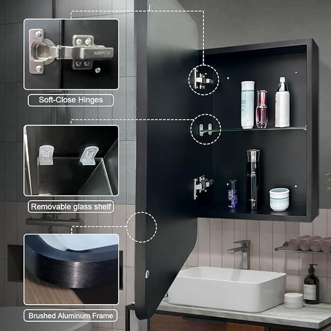 16×26inch Medicine Cabinet,Mirror Cabinet with Beveled Mirror,Solf Close Hinge,Brushed Metal Framed,Detachable Side Plate for Recess Mount or Surface Mount,Black