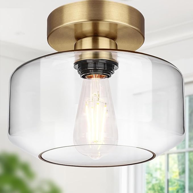 Industrial Semi Flush Mount Ceiling Light Brass, 800 Lumen LED Bulb Included, Clear Glass Shade Ceiling Light Fixture, Light Fixture for Hallway Bathroom Bedroom, Vintage Hanging Light Fixtures