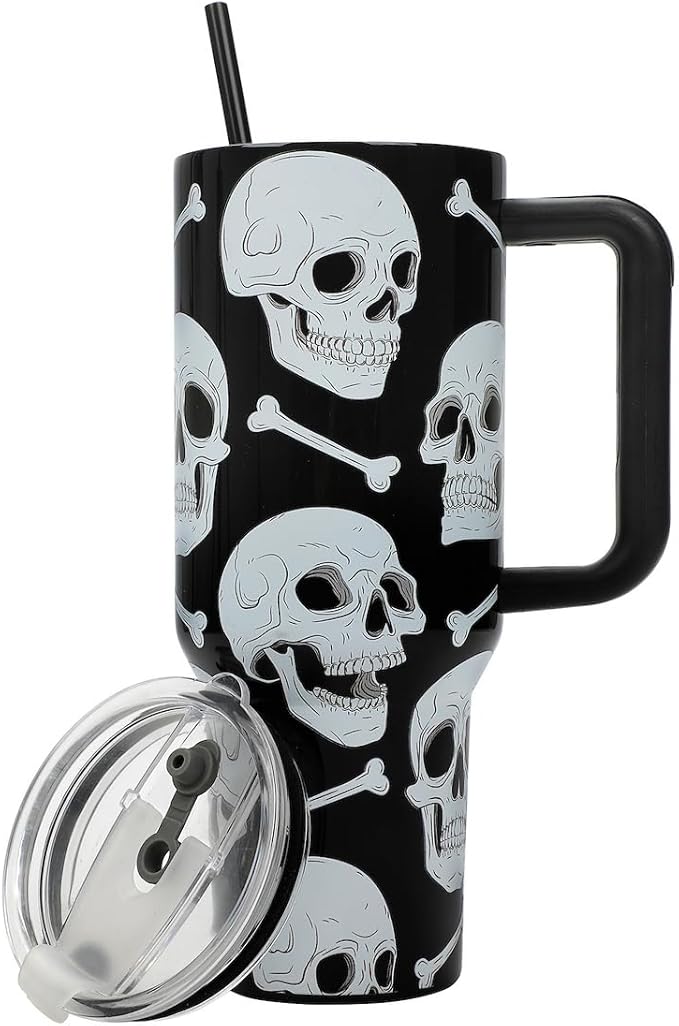 Bioworld Halloween Skulls & Bones 40 Oz Black Stainless Tumbler With Handle
